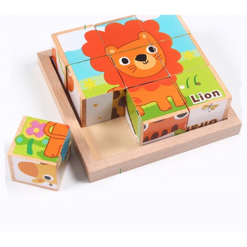 Wooden 9-grain hexahedral puzzle 3D three-dimensional traffic animal large particle building block children's puzzle toy