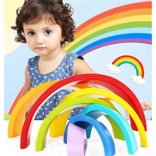 Wooden colorful arch rainbow building blocks children's baby folding music creative toys