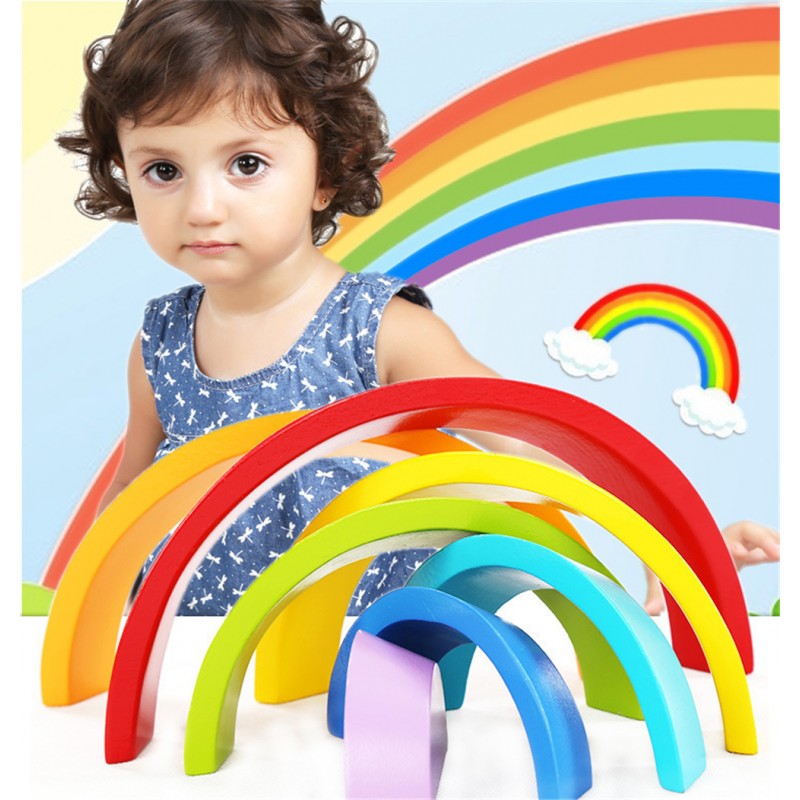 Wooden colorful arch rainbow building blocks children's baby folding music creative toys 