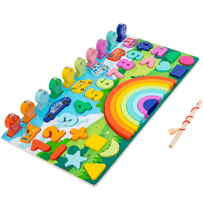 Wooden rainbow logarithmic board early education cognitive enlightenment operation fishing toy