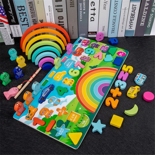 Wooden rainbow logarithmic board early education cognitive enlightenment operation fishing toy