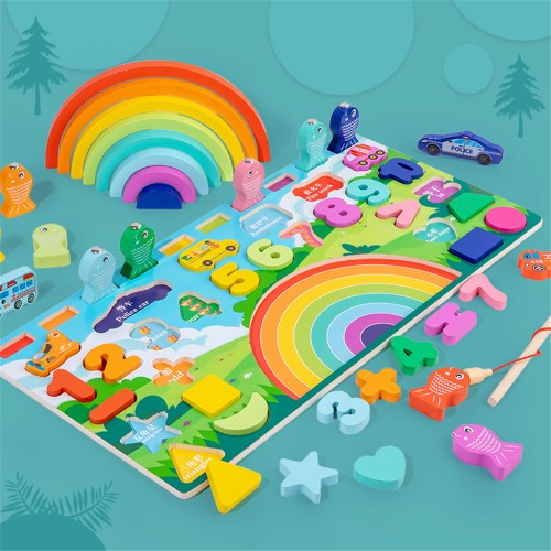 Wooden rainbow logarithmic board early education cognitive enlightenment operation fishing toy