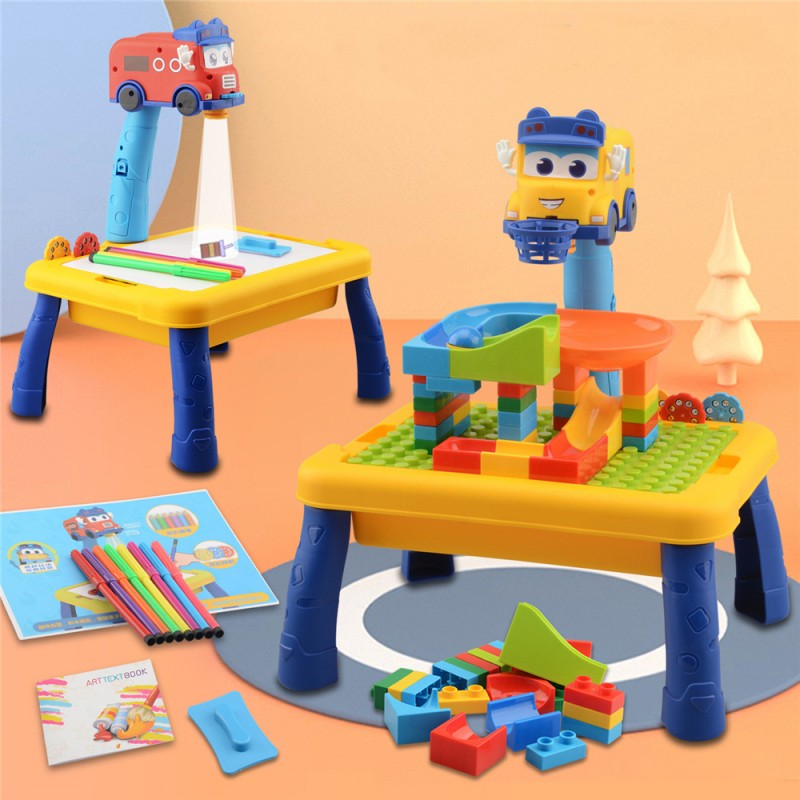 Children's changeable school bus large particle building block table projection painting graffiti multifunctional assembly puzzl