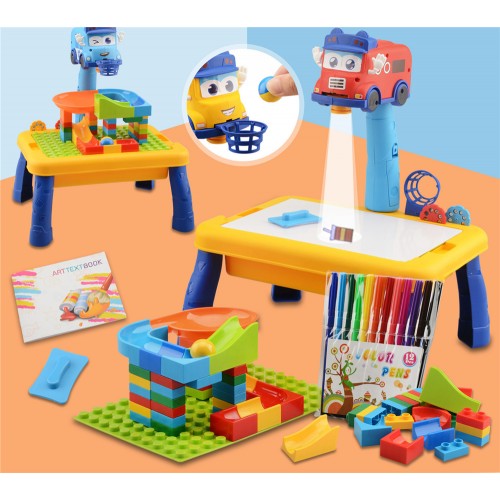 Children's changeable school bus large particle building block table projection painting graffiti multifunctional assembly puzzl