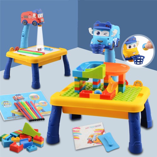 Children's changeable school bus large particle building block table projection painting graffiti multifunctional assembly puzzl