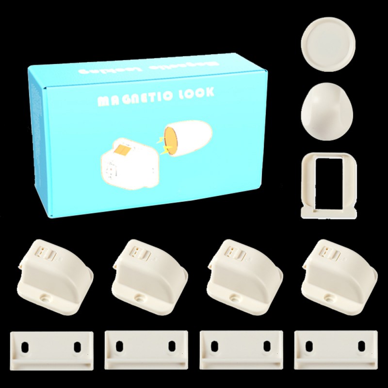 Magnetic Cabinet Locks (4 Locks + 4 Keys) with Adhesive, Easy Installation Tool - Child Proof Drawers 